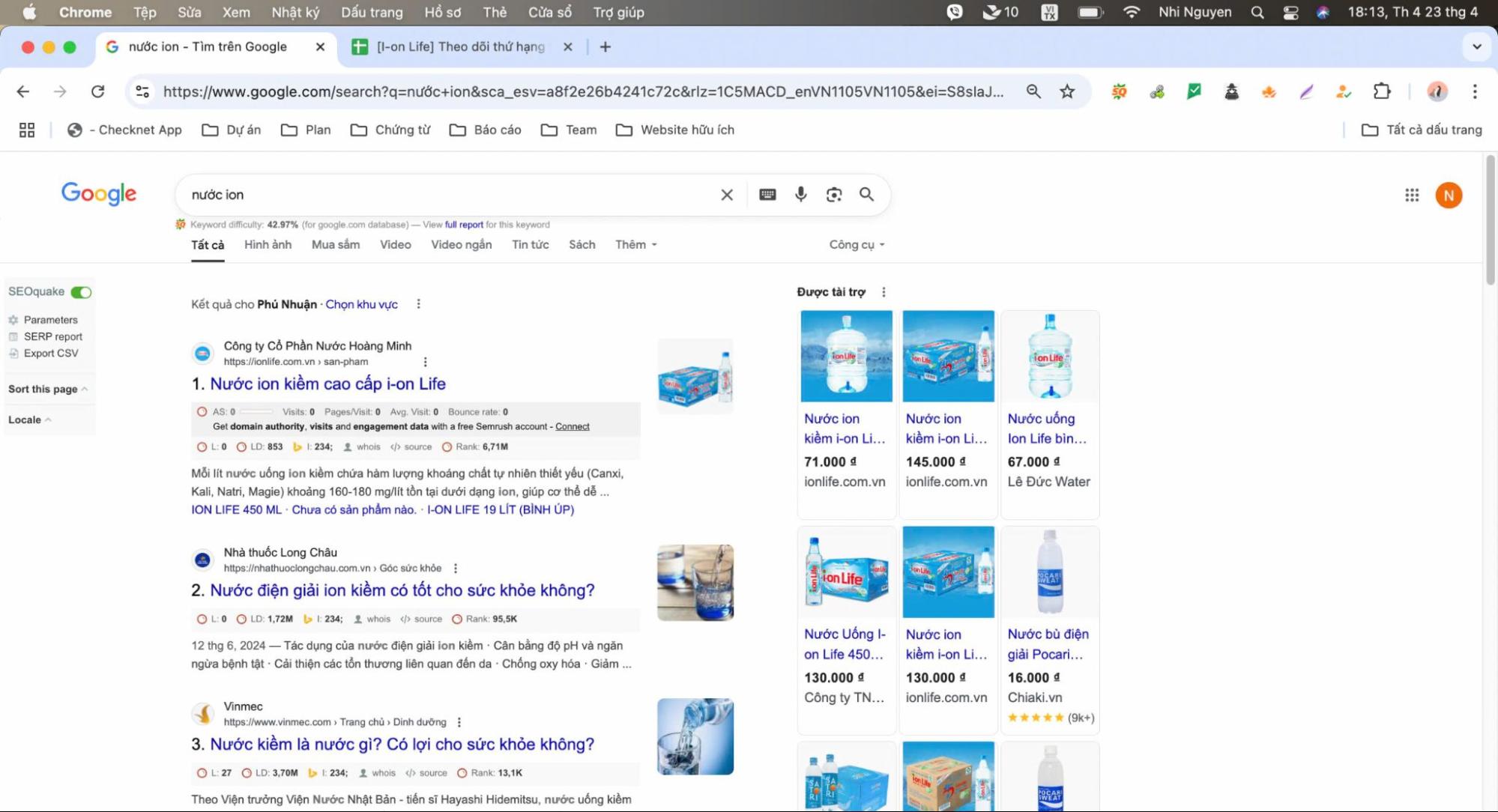 Kết quả từ khóa cam kết Top 2, keyword “nước ion”