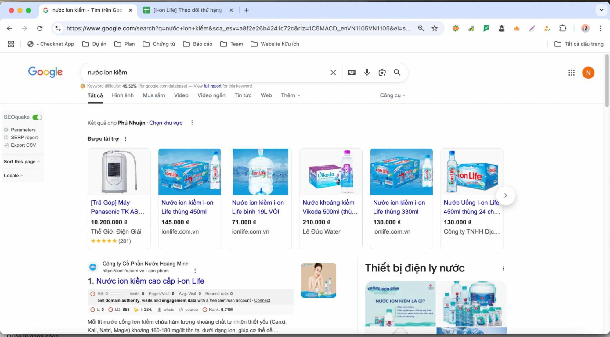 Kết quả từ khóa cam kết Top 2, keyword “nước ion kiềm”
